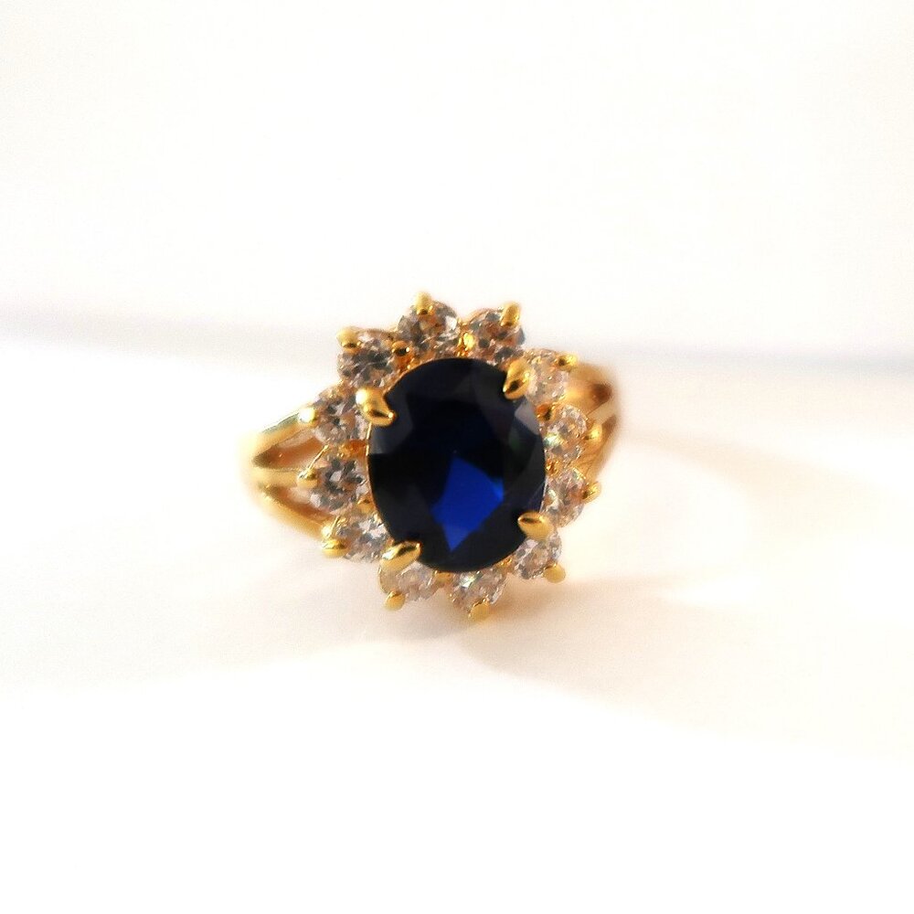 Mens 14K Gold Electroplate Ring Blue Center Stone White Accents Sz 8.75